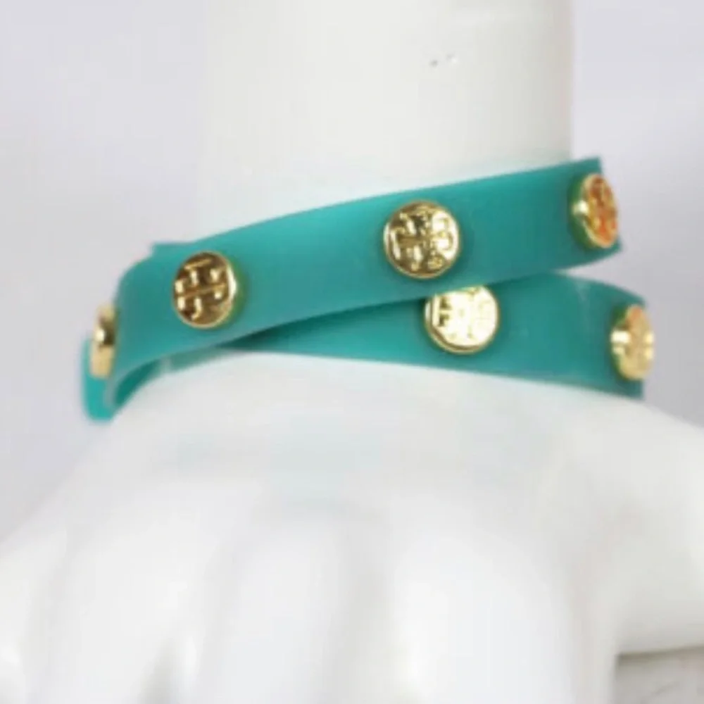 Tory Burch Logo Studded Jelly Wrap Turquoise Bracelet